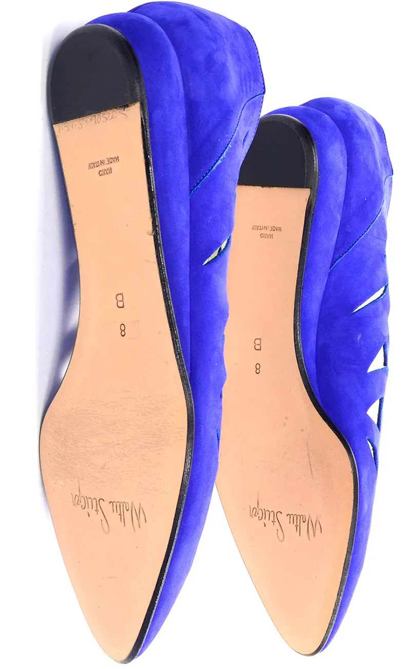 1980s Vintage Walter Steiger Blue Suede Shoes Flats W Cutwork 8b