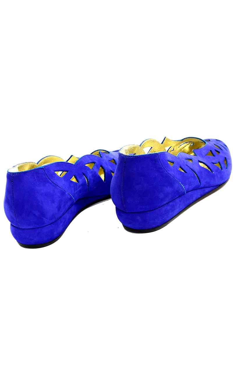 1980s Vintage Walter Steiger Blue Suede Shoes Flats W Cutwork 8b