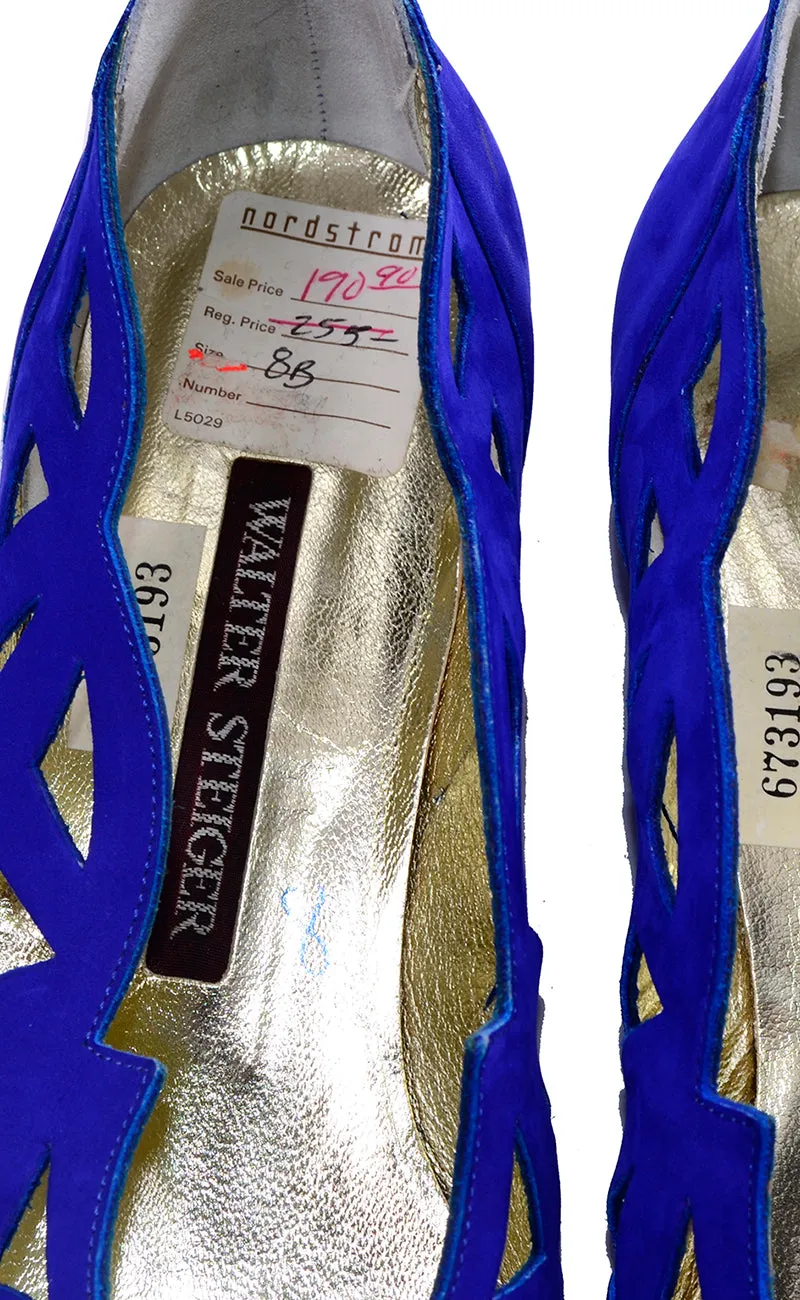 1980s Vintage Walter Steiger Blue Suede Shoes Flats W Cutwork 8b