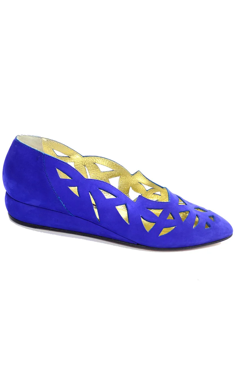 1980s Vintage Walter Steiger Blue Suede Shoes Flats W Cutwork 8b