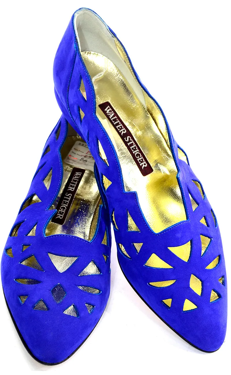 1980s Vintage Walter Steiger Blue Suede Shoes Flats W Cutwork 8b