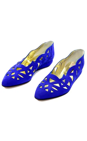 1980s Vintage Walter Steiger Blue Suede Shoes Flats W Cutwork 8b