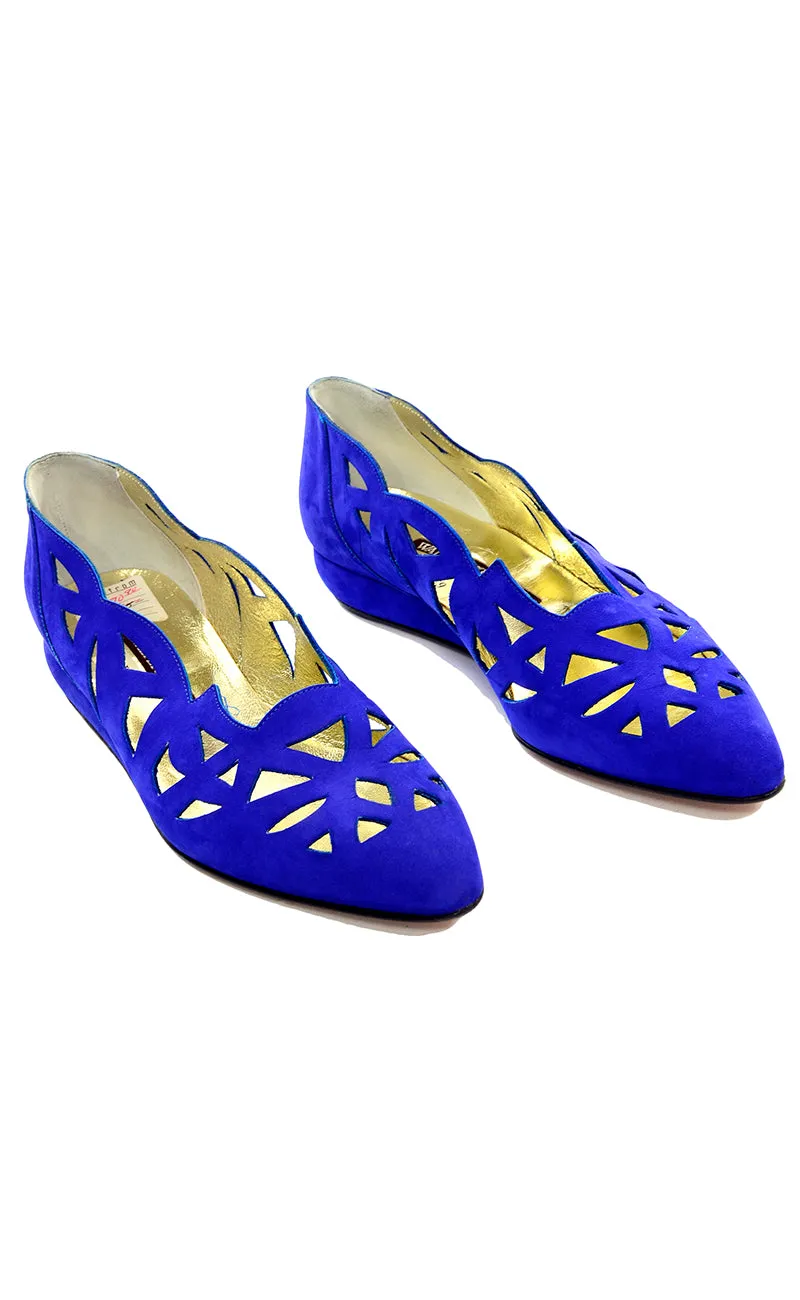 1980s Vintage Walter Steiger Blue Suede Shoes Flats W Cutwork 8b