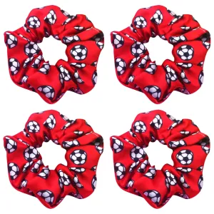 4 Pack Silky Smoothly Soccer Hair Scrunchies Sparkly Football Hair Ties Hair Eleastic Bands Scrunchy Hair Ties Ropes Ponytail Holders Wrist Bands for Girls Soccer Teams School,Dance,Games ,Tournaments and Party favor (Red)