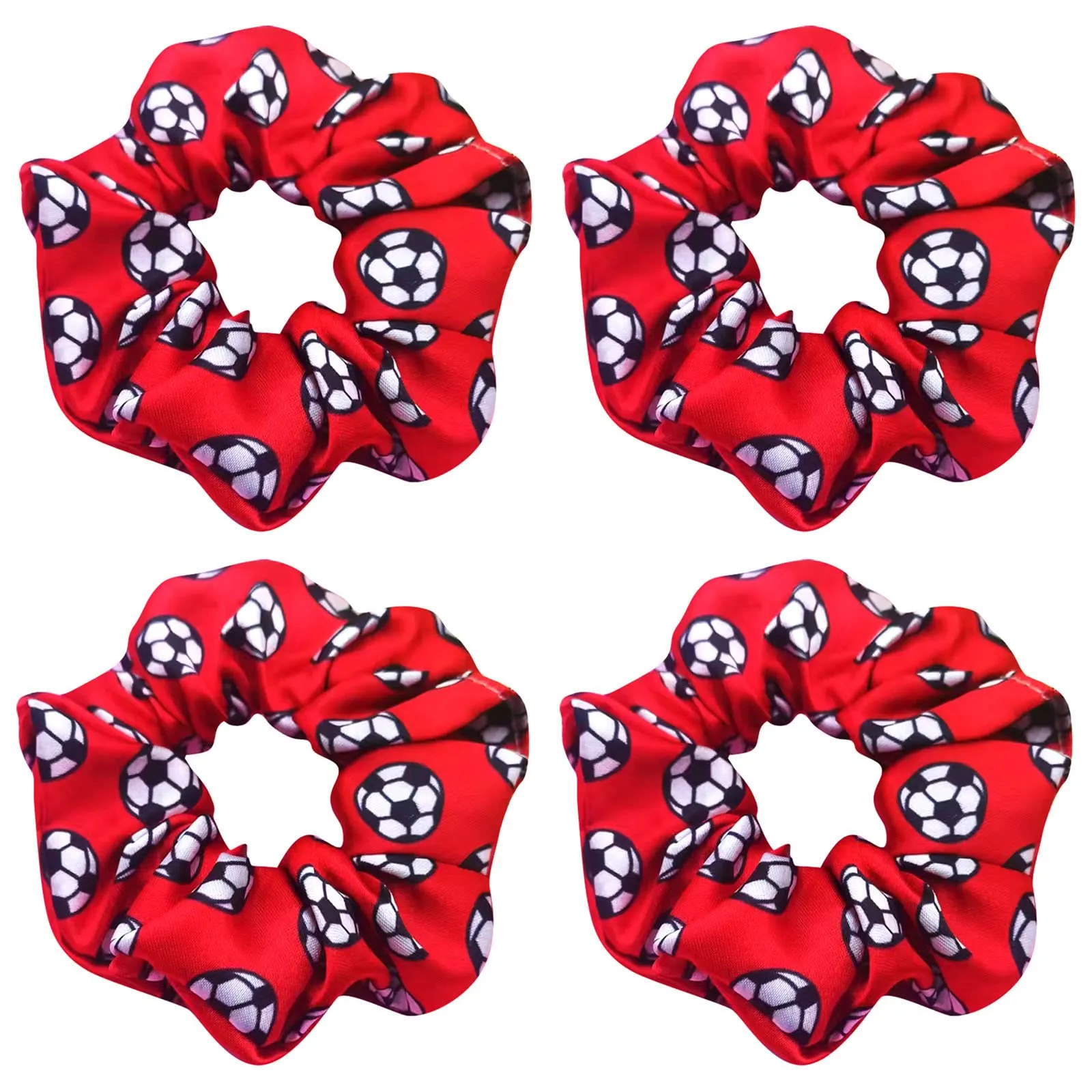 4 Pack Silky Smoothly Soccer Hair Scrunchies Sparkly Football Hair Ties Hair Eleastic Bands Scrunchy Hair Ties Ropes Ponytail Holders Wrist Bands for Girls Soccer Teams School,Dance,Games ,Tournaments and Party favor (Red)