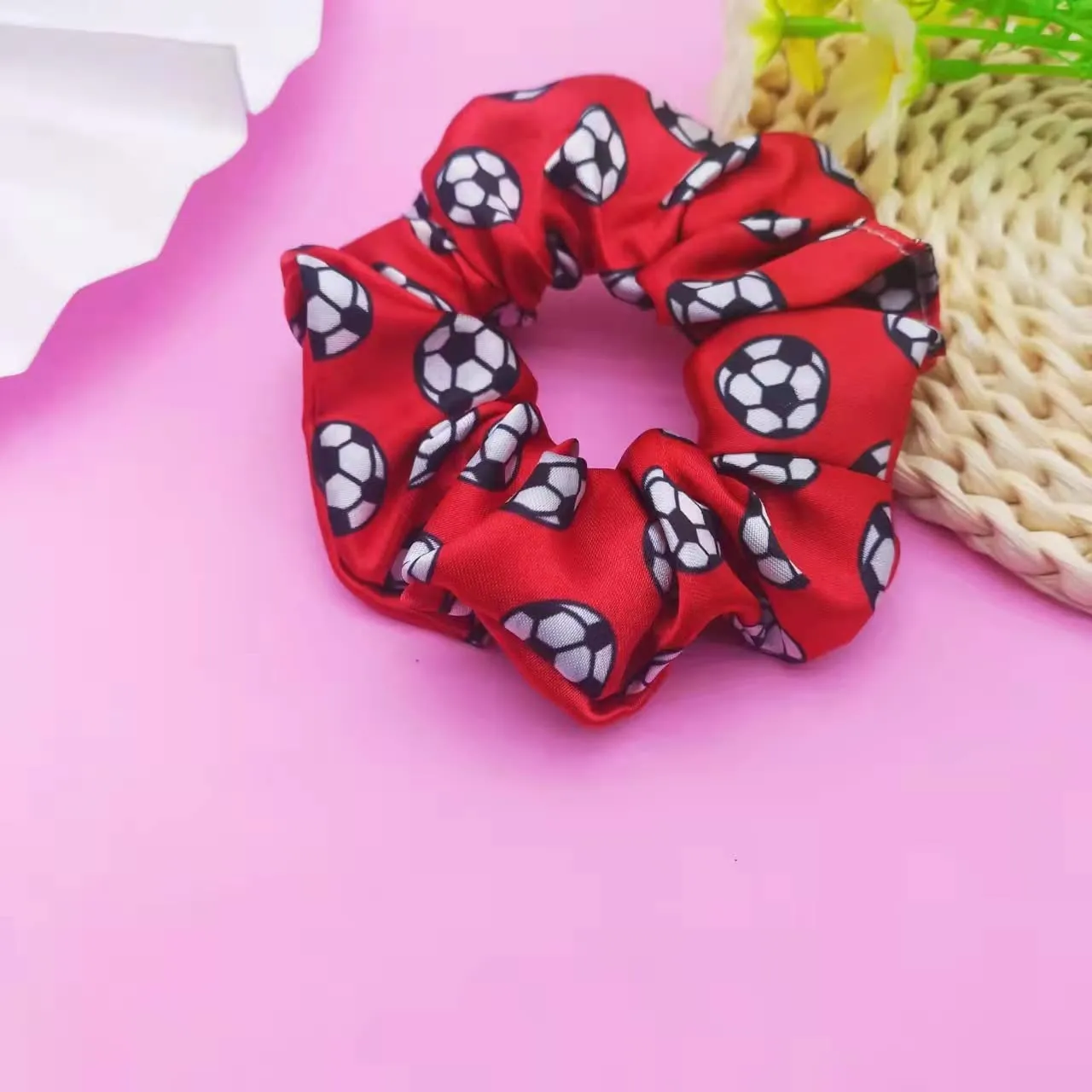 4 Pack Silky Smoothly Soccer Hair Scrunchies Sparkly Football Hair Ties Hair Eleastic Bands Scrunchy Hair Ties Ropes Ponytail Holders Wrist Bands for Girls Soccer Teams School,Dance,Games ,Tournaments and Party favor (Red)