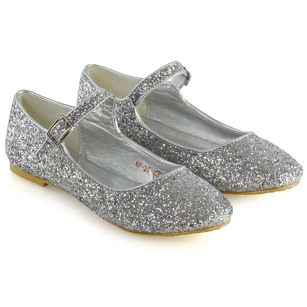 Amanda Buckle Up Strappy Ballerina Pump Flat Bridal Shoes In Black Glitter