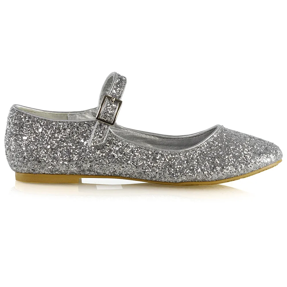 Amanda Buckle Up Strappy Ballerina Pump Flat Bridal Shoes In Black Glitter