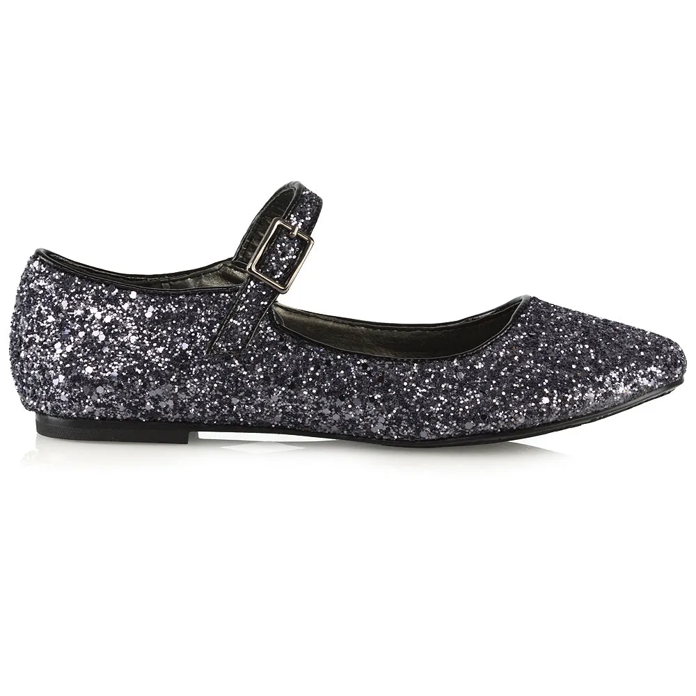 Amanda Buckle Up Strappy Ballerina Pump Flat Bridal Shoes In Black Glitter