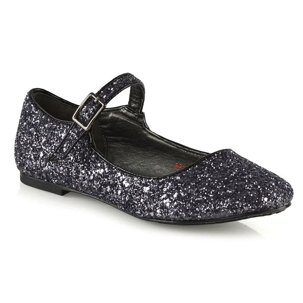 Amanda Buckle Up Strappy Ballerina Pump Flat Bridal Shoes In Black Glitter