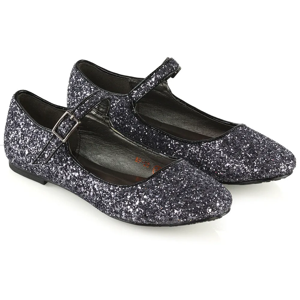 Amanda Buckle Up Strappy Ballerina Pump Flat Bridal Shoes In Black Glitter