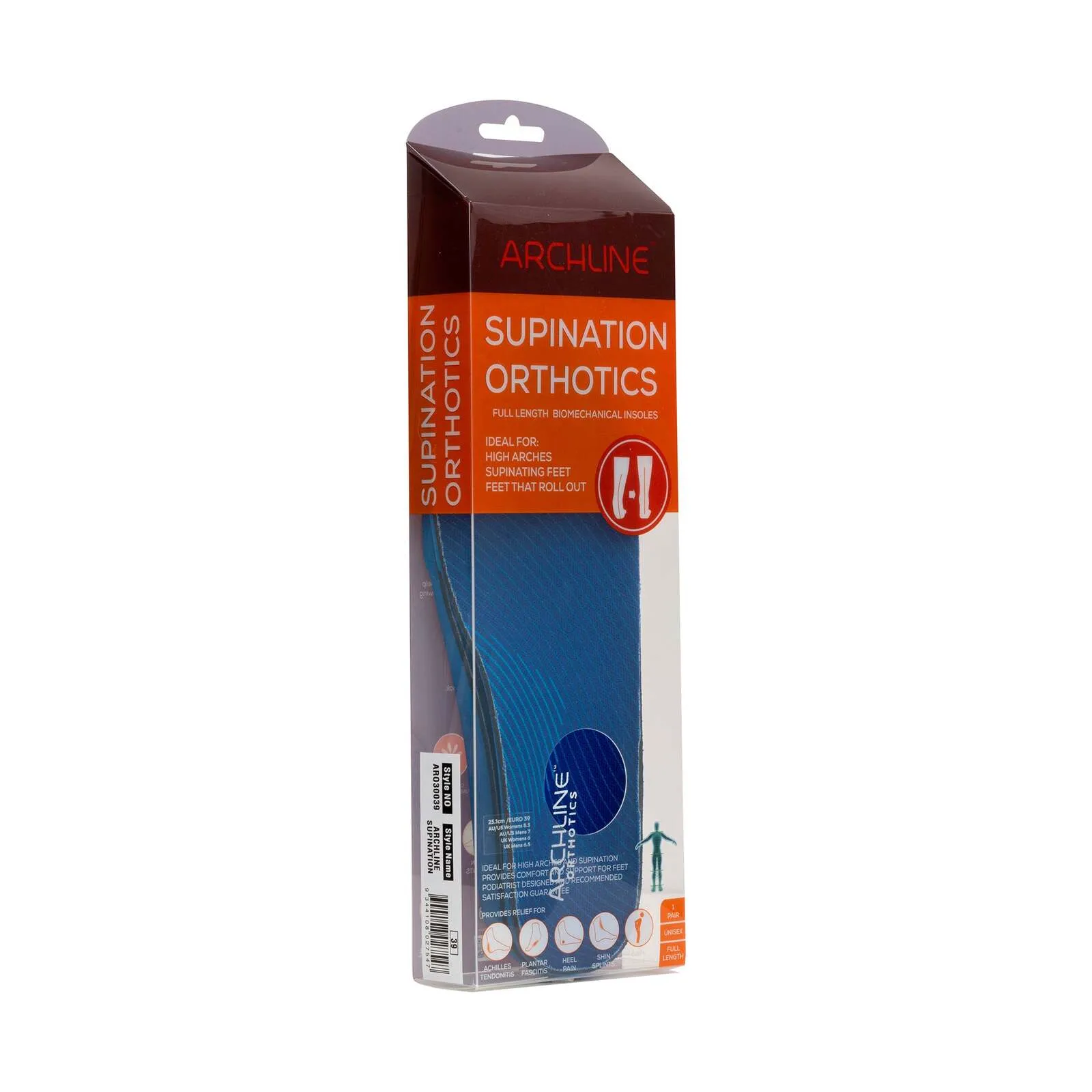 Archline Supination Orthotic Insoles - Full Length (Unisex) Plantar Fasciitis High Arch - Euro 45
