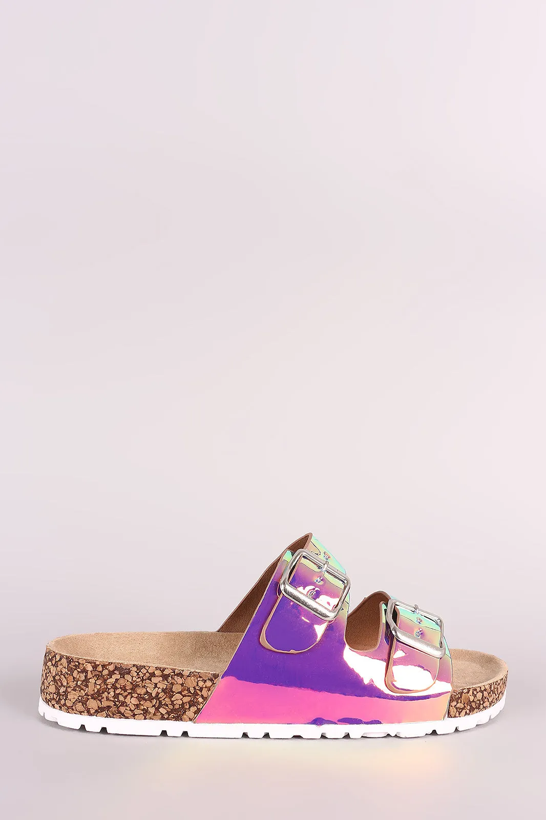 Bamboo Holographic Dual Buckle Open Toe Cork Footbed Slide Sandal