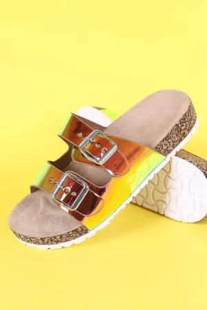 Bamboo Holographic Dual Buckle Open Toe Cork Footbed Slide Sandal