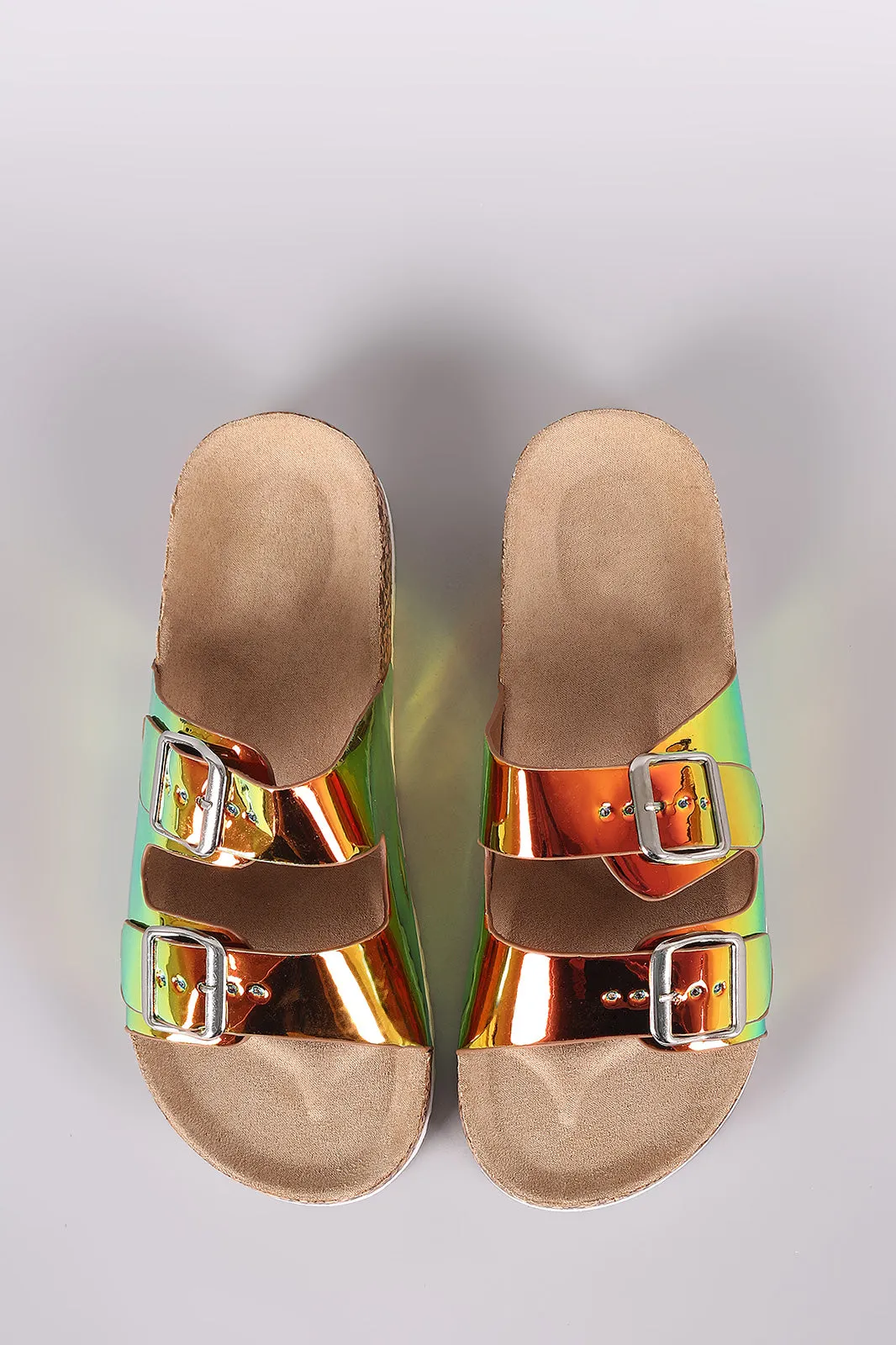 Bamboo Holographic Dual Buckle Open Toe Cork Footbed Slide Sandal