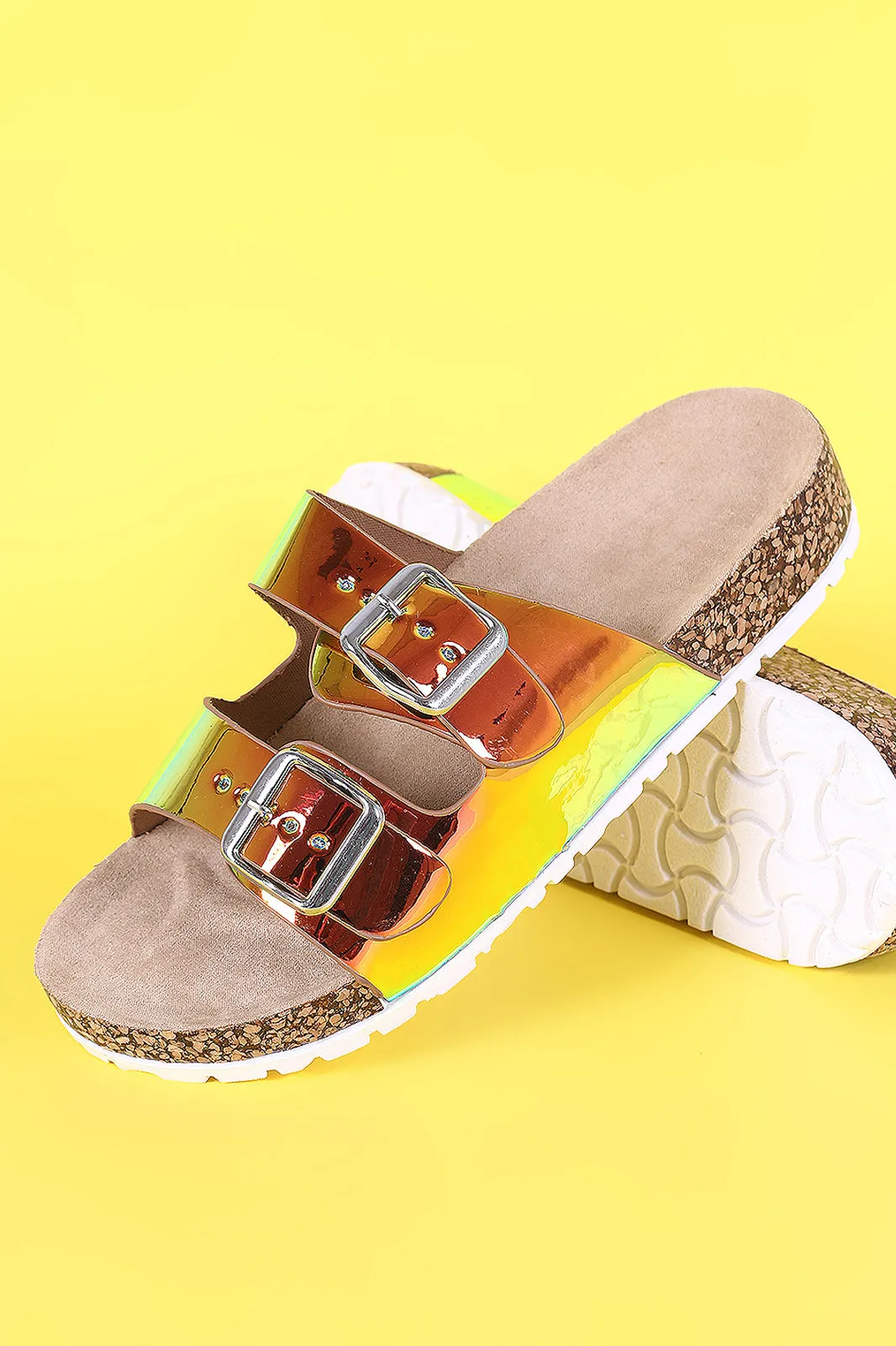 Bamboo Holographic Dual Buckle Open Toe Cork Footbed Slide Sandal