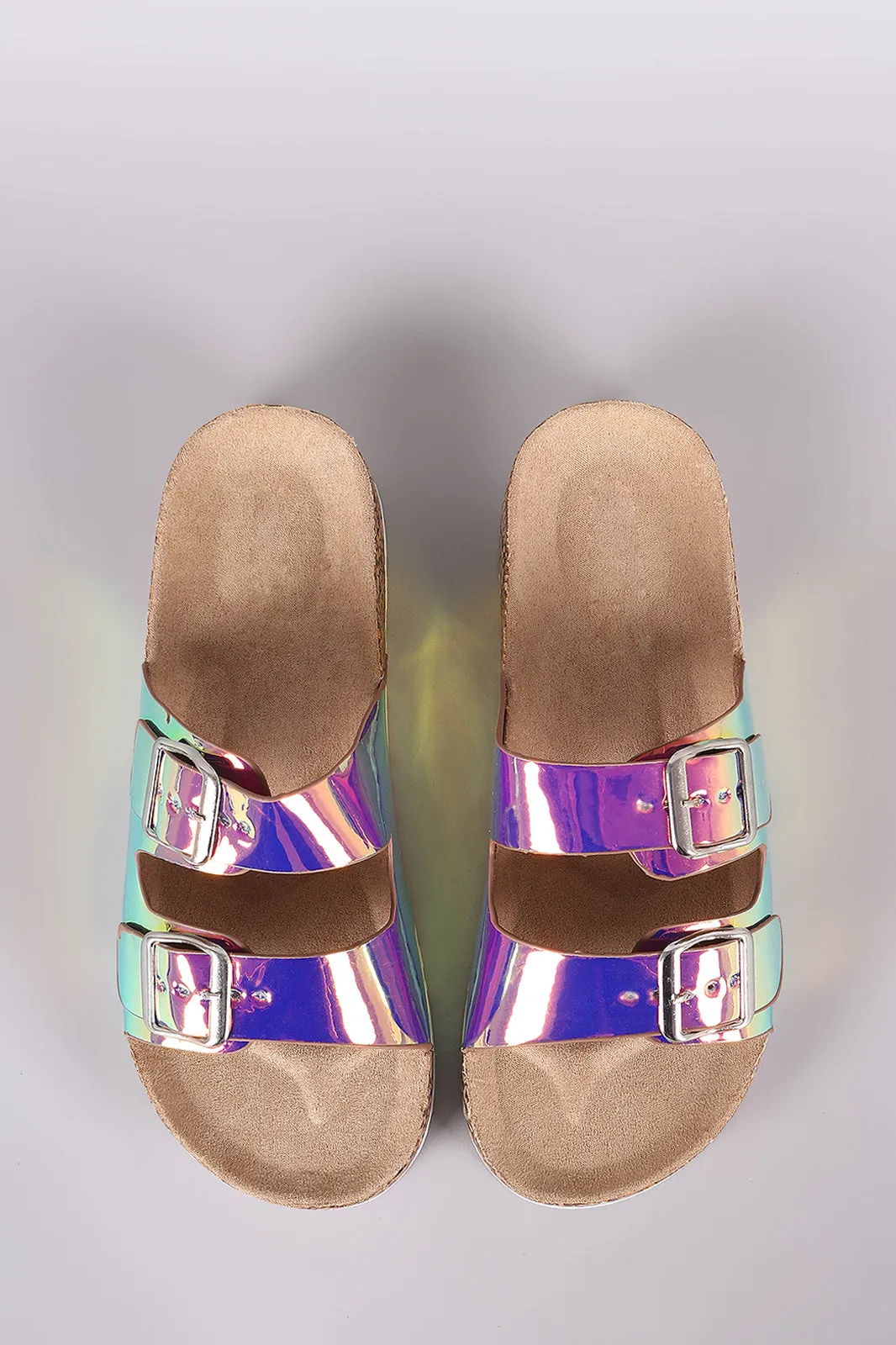 Bamboo Holographic Dual Buckle Open Toe Cork Footbed Slide Sandal