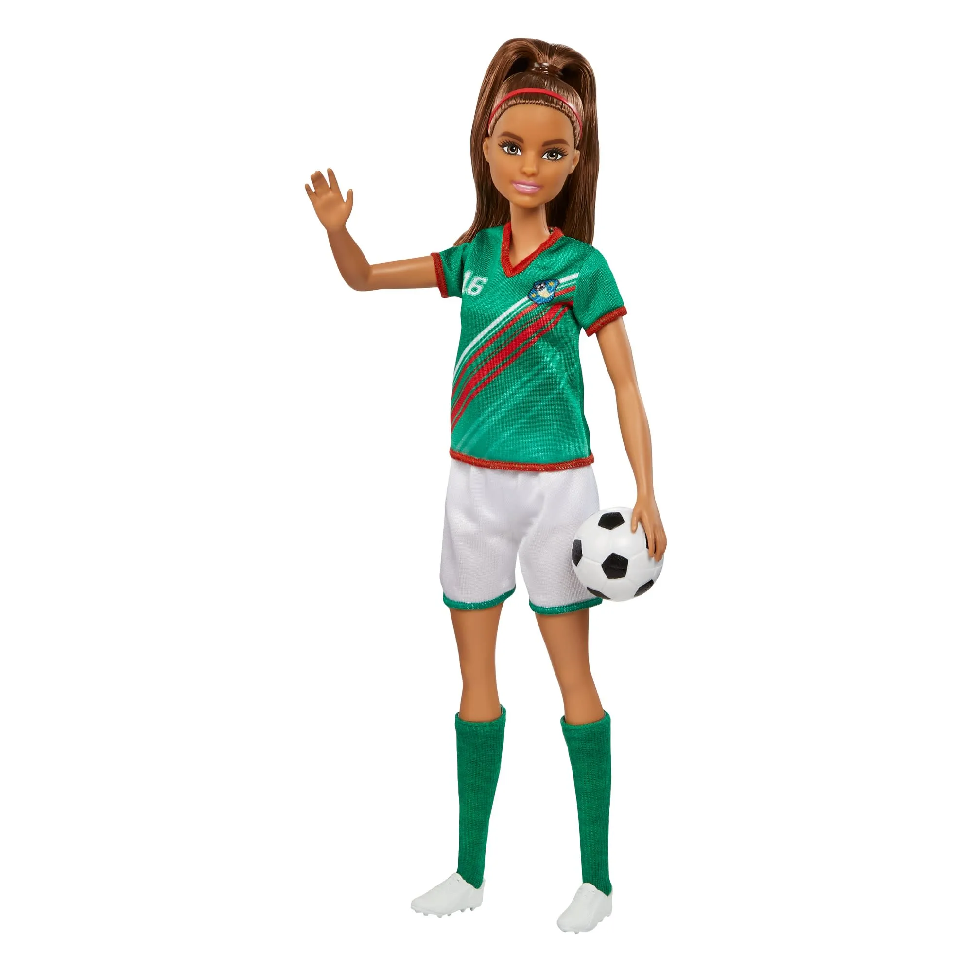 Barbie Soccer Doll, Brunette, #16 Uniform, Soccer Ball, Cleats,  Socks, 3 & Up