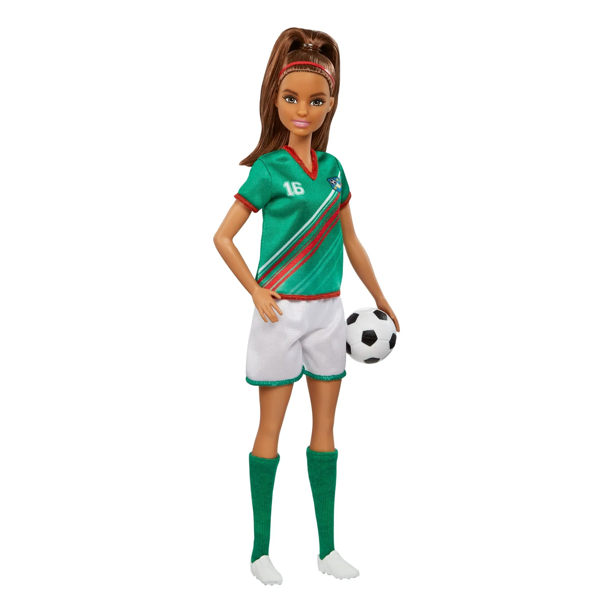 Barbie Soccer Doll, Brunette, #16 Uniform, Soccer Ball, Cleats,  Socks, 3 & Up