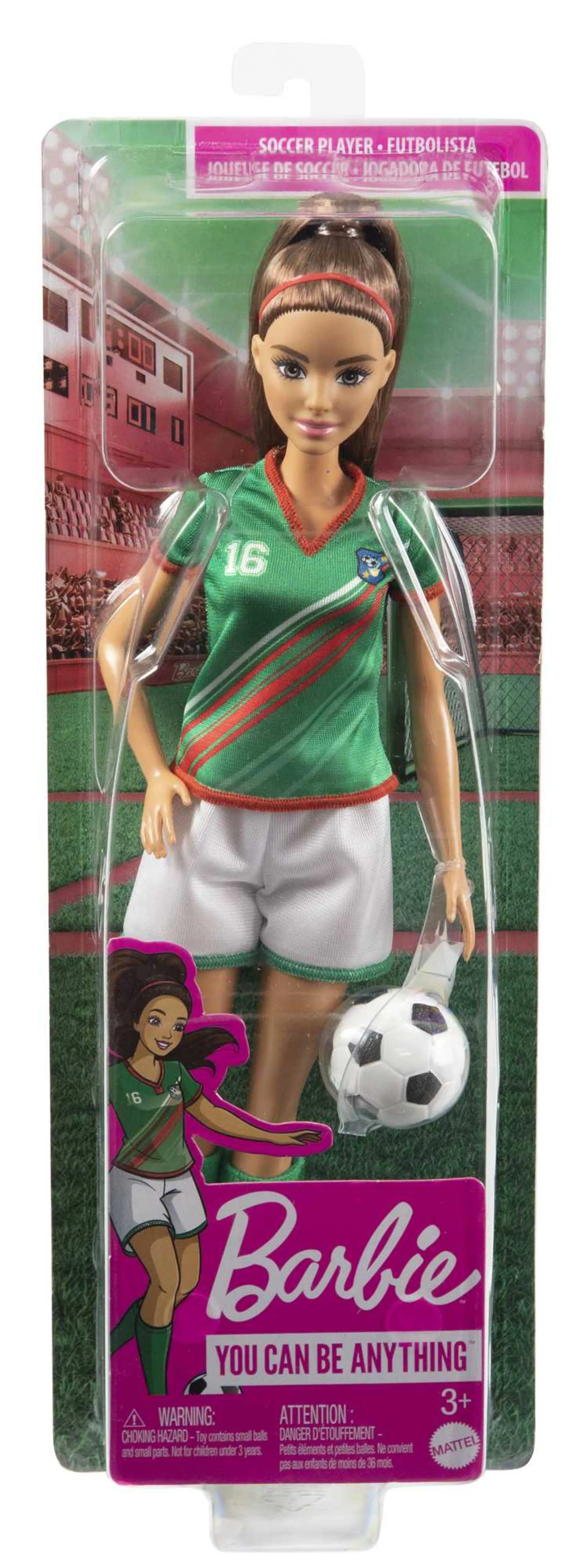 Barbie Soccer Doll, Brunette, #16 Uniform, Soccer Ball, Cleats,  Socks, 3 & Up