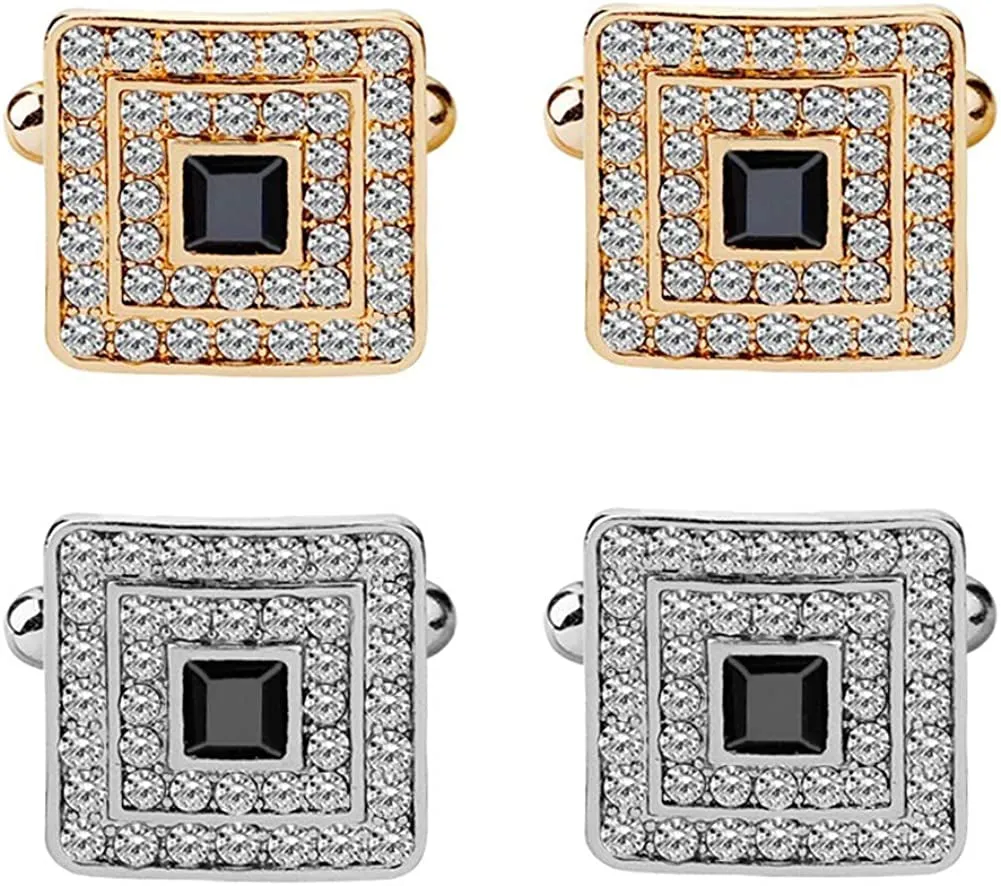 Black and Silver Gold Concentric Diamond Clear Crystal Dust Cufflinks