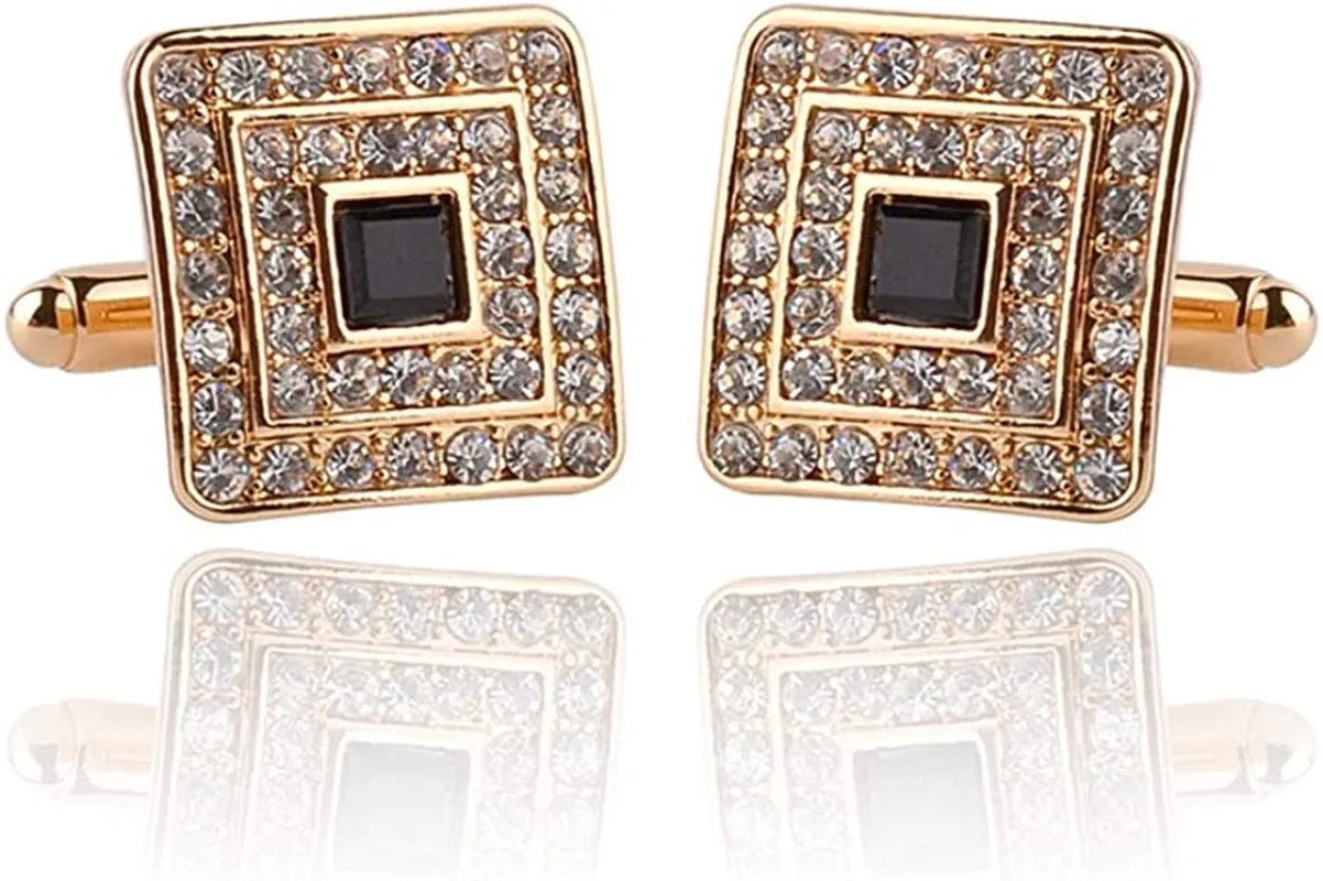 Black and Silver Gold Concentric Diamond Clear Crystal Dust Cufflinks