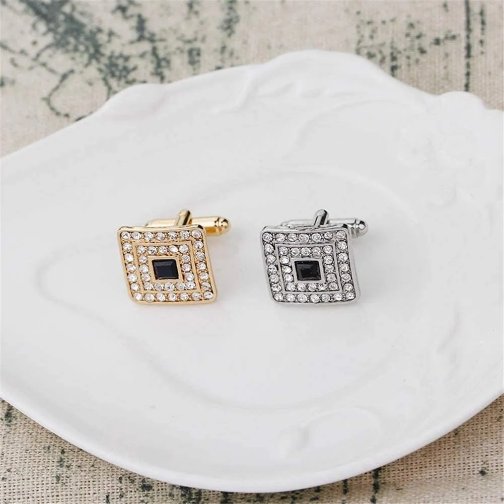Black and Silver Gold Concentric Diamond Clear Crystal Dust Cufflinks