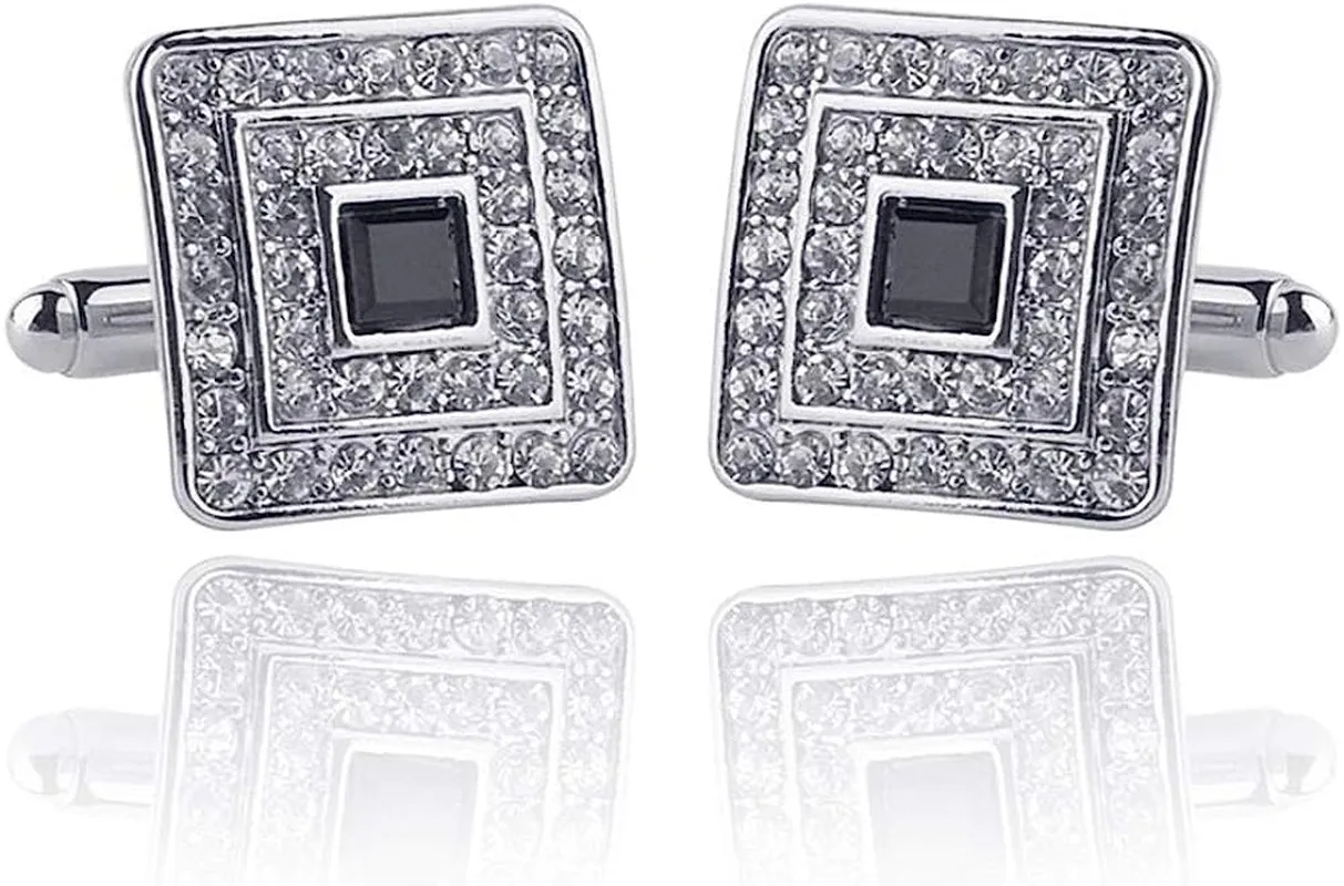 Black and Silver Gold Concentric Diamond Clear Crystal Dust Cufflinks