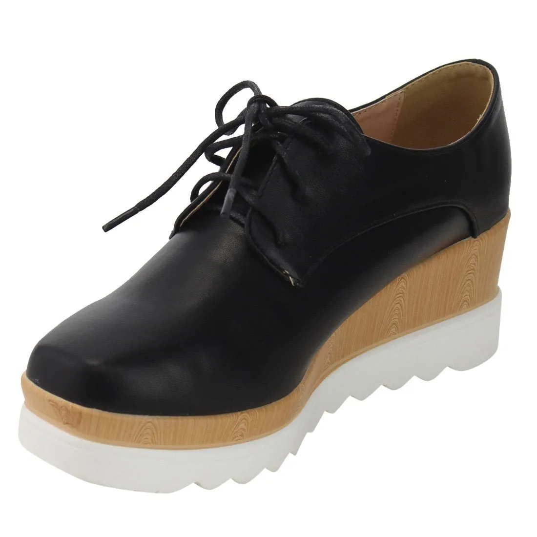 Chase & Chloe Women's Wingtip Lace-Up Wood Platform Wedge Oxford Shoe