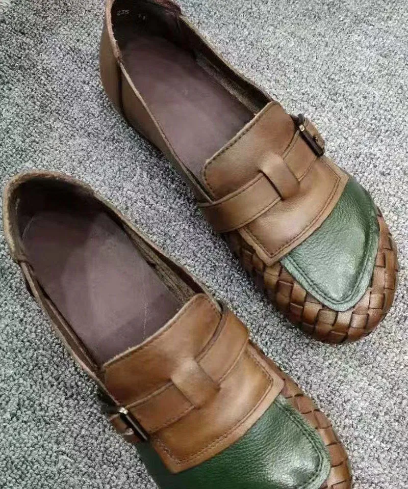 Comfortable Coffee Cowhide Leather Flat Shoes Splicing Flats LY0235