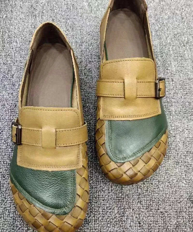 Comfortable Coffee Cowhide Leather Flat Shoes Splicing Flats LY0235