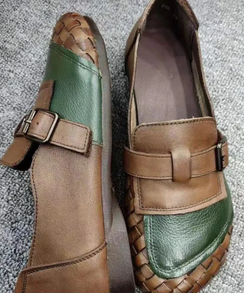 Comfortable Coffee Cowhide Leather Flat Shoes Splicing Flats LY0235