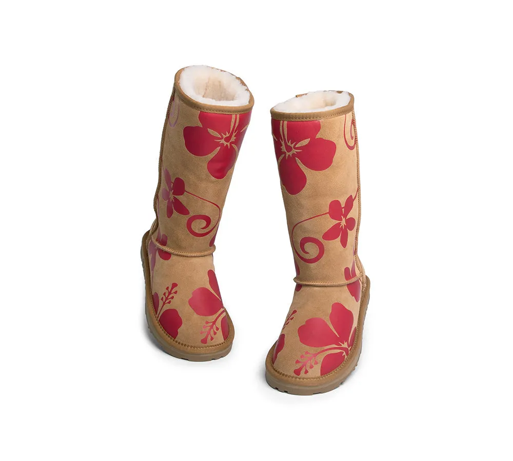 EVERAU® UGG Boots Sheepskin Wool Red Floral Print Tall Classic Suede EU41