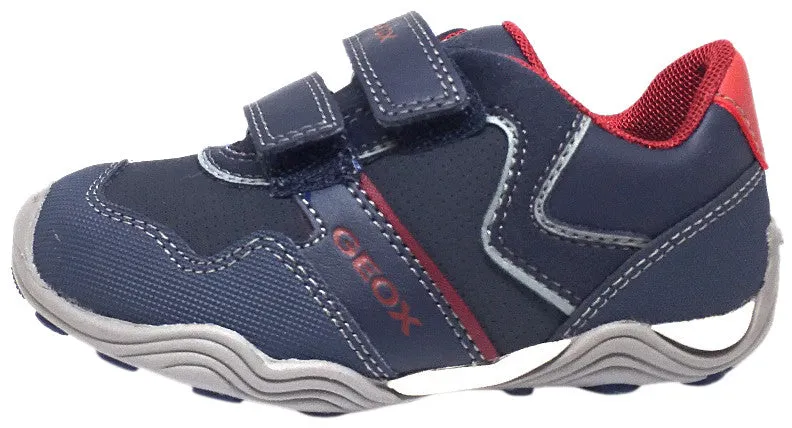 Geox Respira Boy's J Arno Leather Perforated Double Hook and Loop Sneaker Shoes, Navy