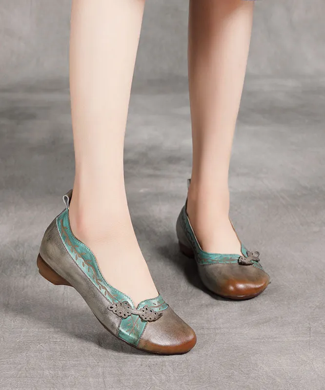 Grey Print Cowhide Leather Flat Shoes For Women Splicing Flats LC0525