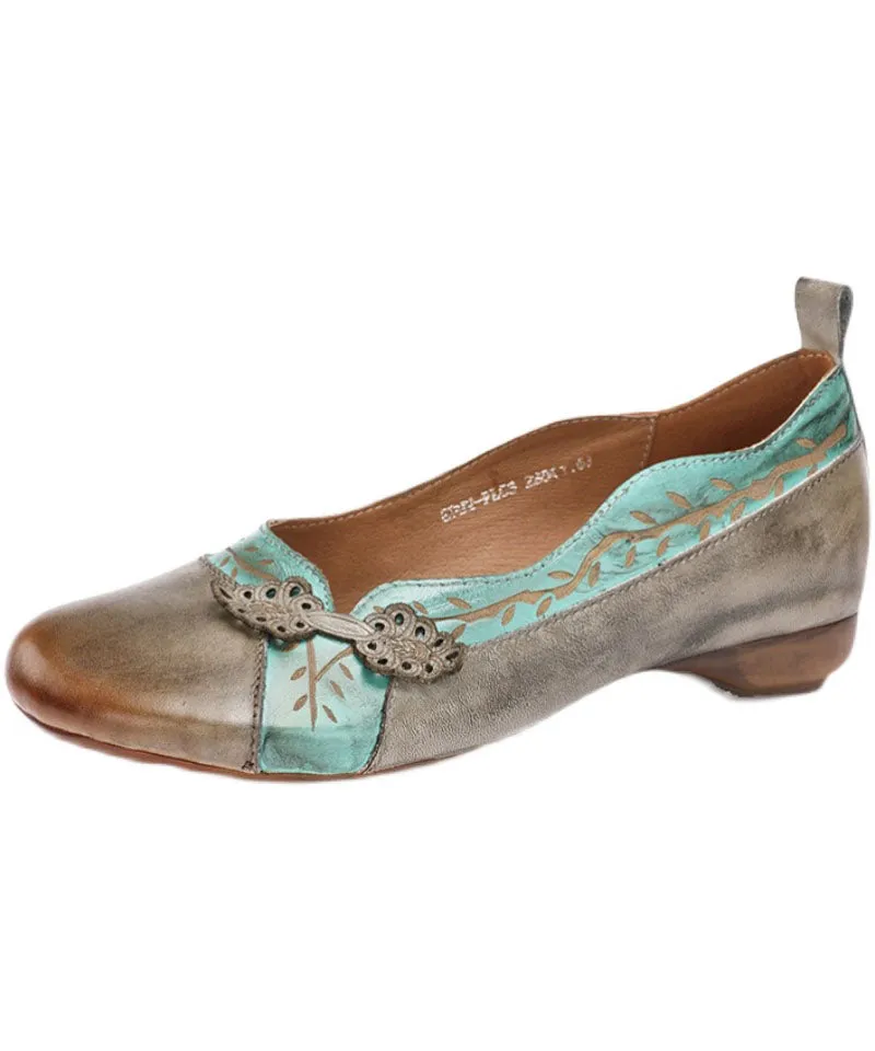 Grey Print Cowhide Leather Flat Shoes For Women Splicing Flats LC0525