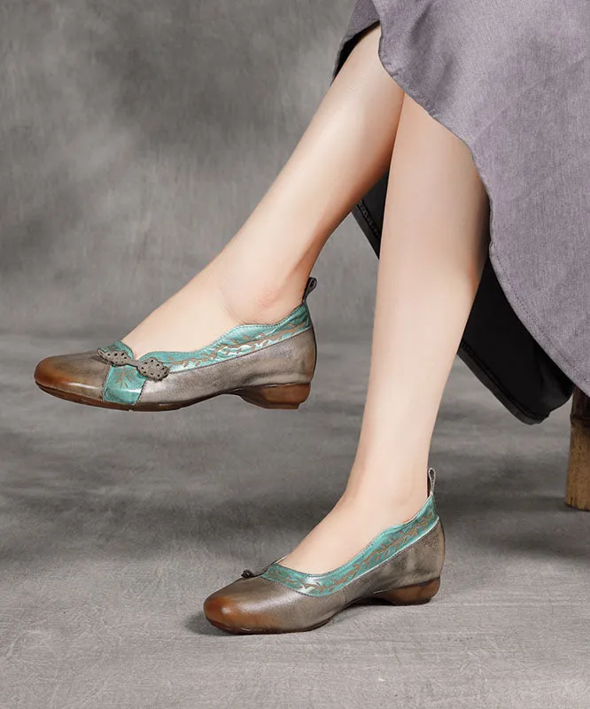 Grey Print Cowhide Leather Flat Shoes For Women Splicing Flats LC0525