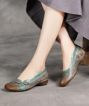 Grey Print Cowhide Leather Flat Shoes For Women Splicing Flats LC0525
