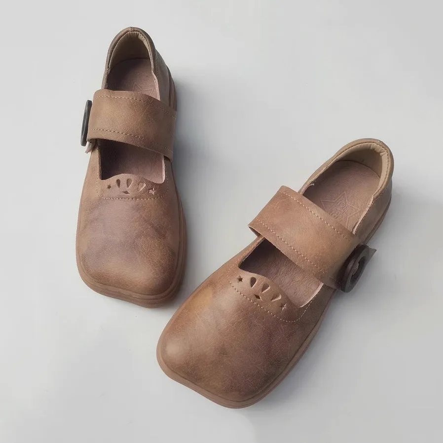 Handmade Stitching Square Toe Leather Shoes