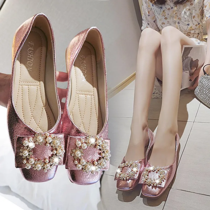 Hnzxzm Fashion Flats for Women Single Shoes Pearl Brand Ladies Flats Soft Woman Footwear Gold Black Pink A4543
