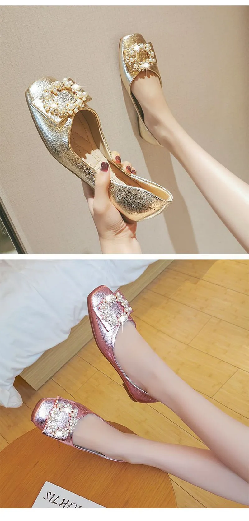 Hnzxzm Fashion Flats for Women Single Shoes Pearl Brand Ladies Flats Soft Woman Footwear Gold Black Pink A4543