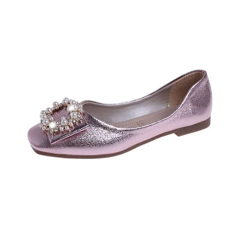 Hnzxzm Fashion Flats for Women Single Shoes Pearl Brand Ladies Flats Soft Woman Footwear Gold Black Pink A4543