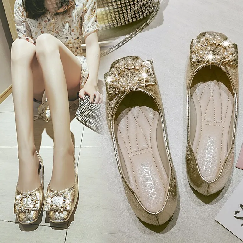 Hnzxzm Fashion Flats for Women Single Shoes Pearl Brand Ladies Flats Soft Woman Footwear Gold Black Pink A4543