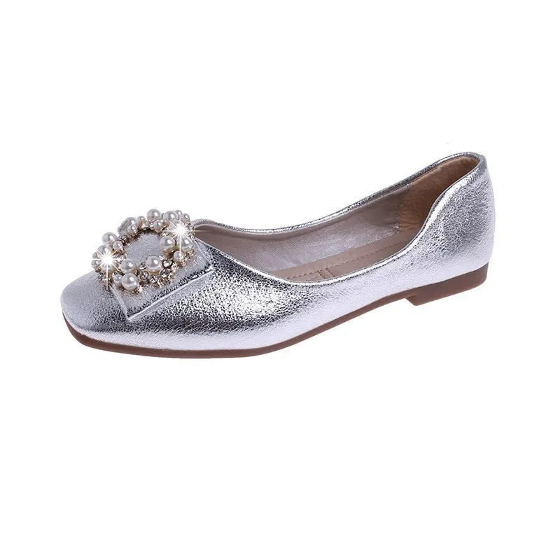 Hnzxzm Fashion Flats for Women Single Shoes Pearl Brand Ladies Flats Soft Woman Footwear Gold Black Pink A4543