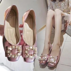 Hnzxzm Fashion Flats for Women Single Shoes Pearl Brand Ladies Flats Soft Woman Footwear Gold Black Pink A4543