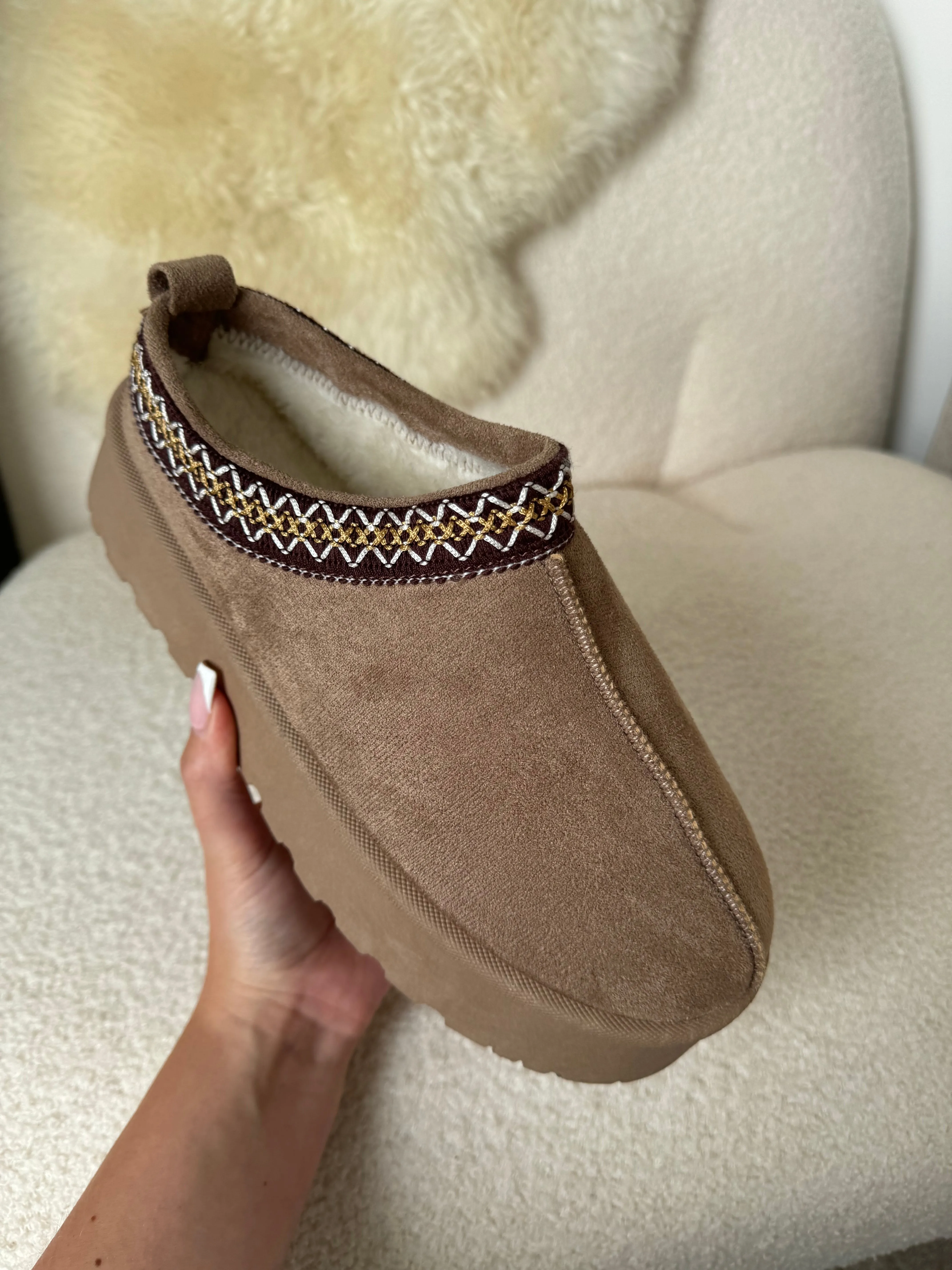 HOLLIE ULTRA PLATFORM CAMEL EMBROIDERED ANKLE SLIPPER BOOTS