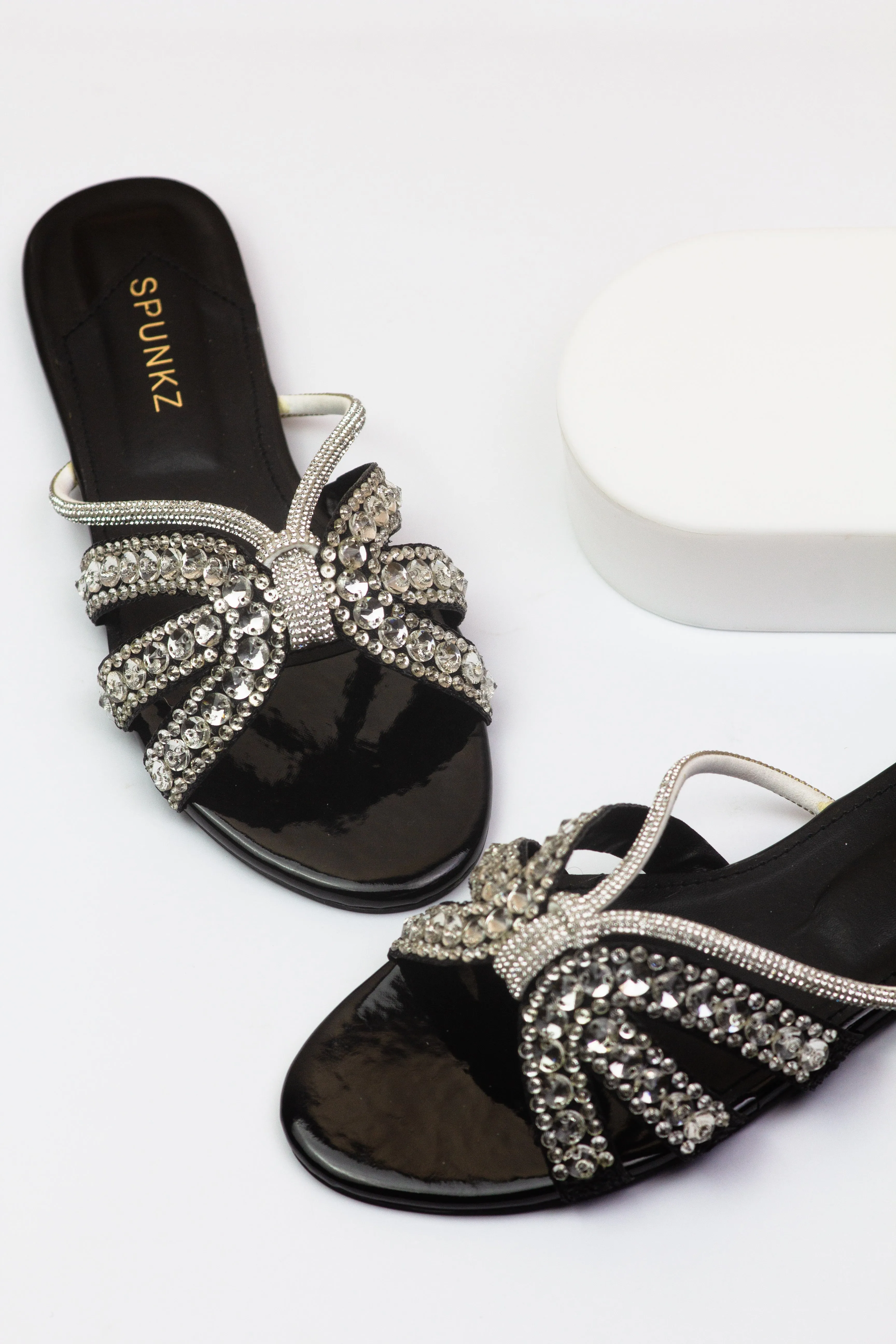 Kali Sequin Decor Crystal Embellished Black Flat Slides