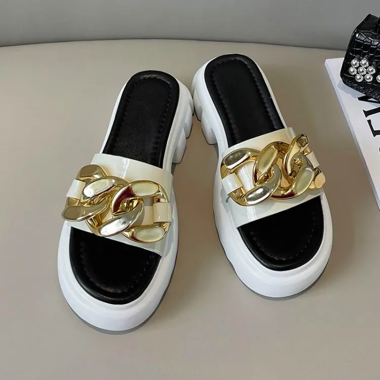 Lazy Slippers Cowhide Patent Leather Adhesive Shoes Platform | Brodtica.com
