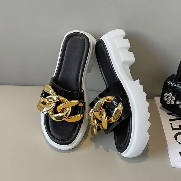 Lazy Slippers Cowhide Patent Leather Adhesive Shoes Platform | Brodtica.com