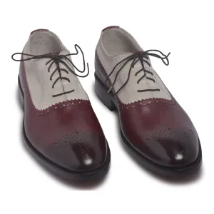 Men Two Tone Red Brogue Leather Shoes with Suede Quarter